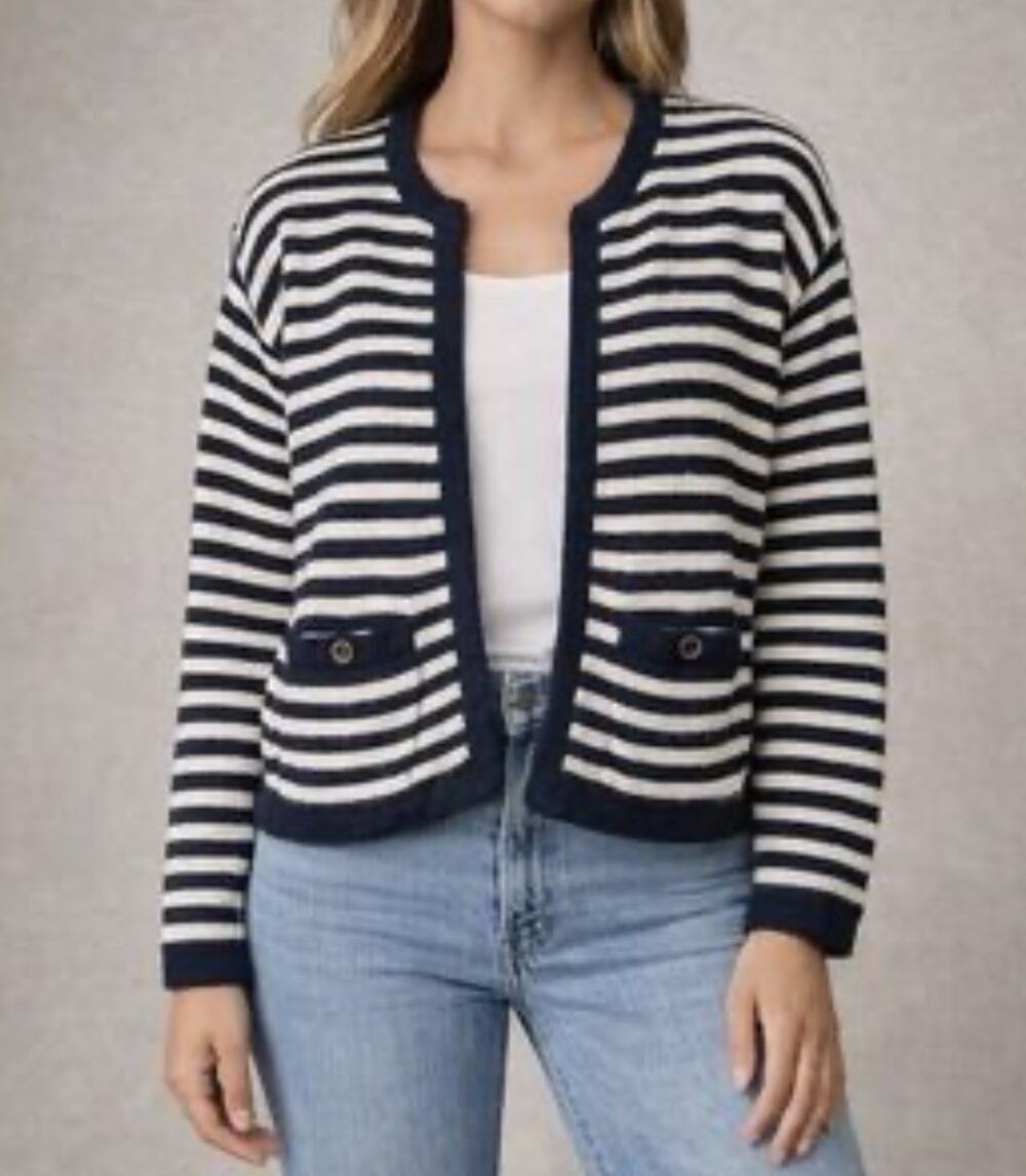J.Crew Navy White Striped Textured Lady Jacket Cardigan Sweater Small A011098